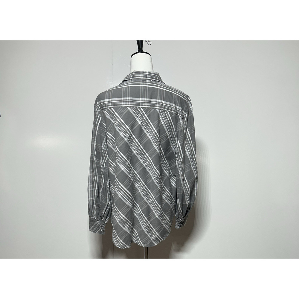 Chicos Top Womens XL 3 Gray‎ White Button Up Billow Balloon Sleeve Poplin Plaid - Picture 3 of 12